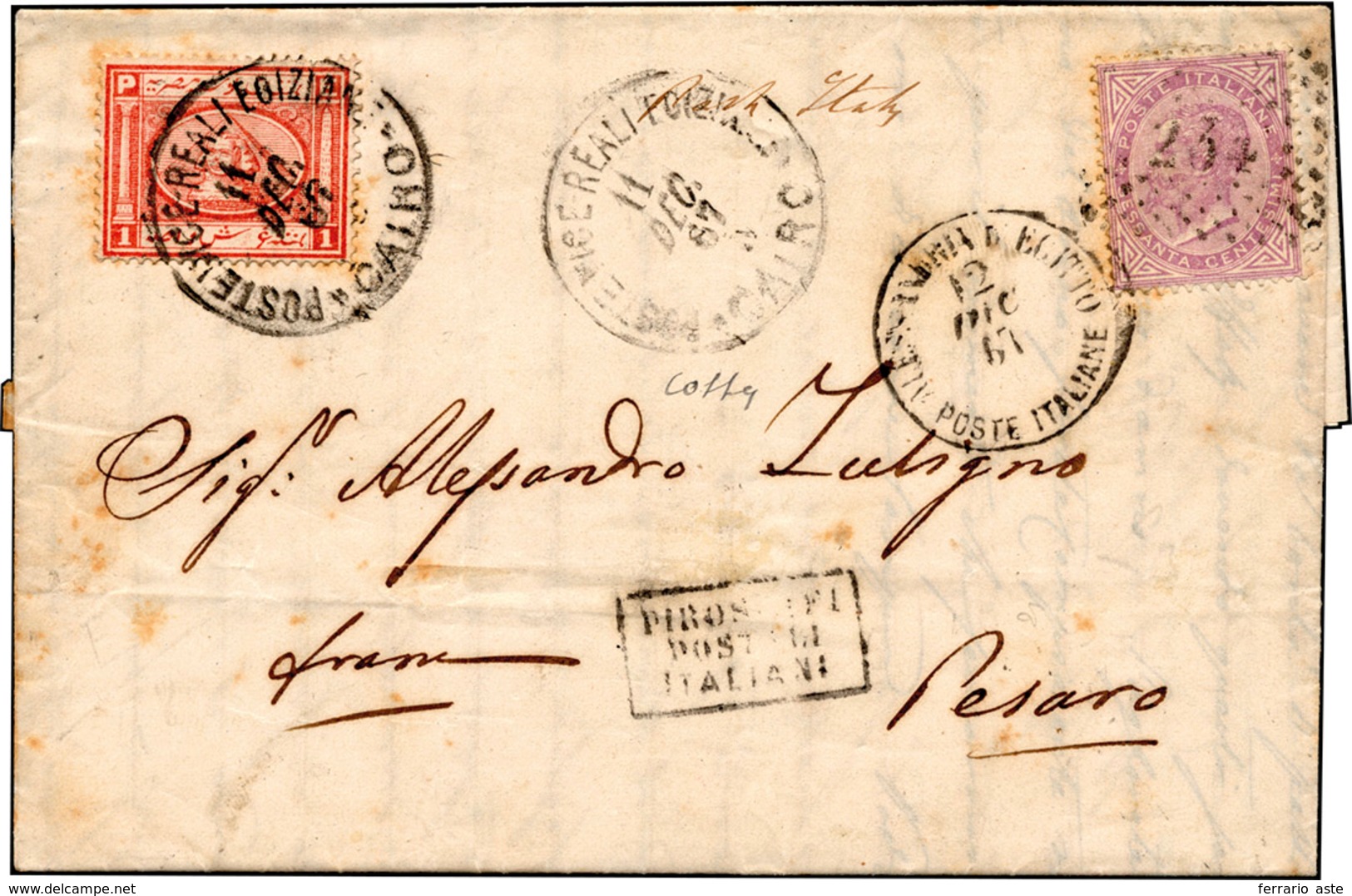 2324 ALESSANDRIA D'EGITTO 1867 - 60 Cent. De La Rue (21), In AFFRANCATURA MISTA Con 1 Piastra Egitto, Su ... - Autres & Non Classés