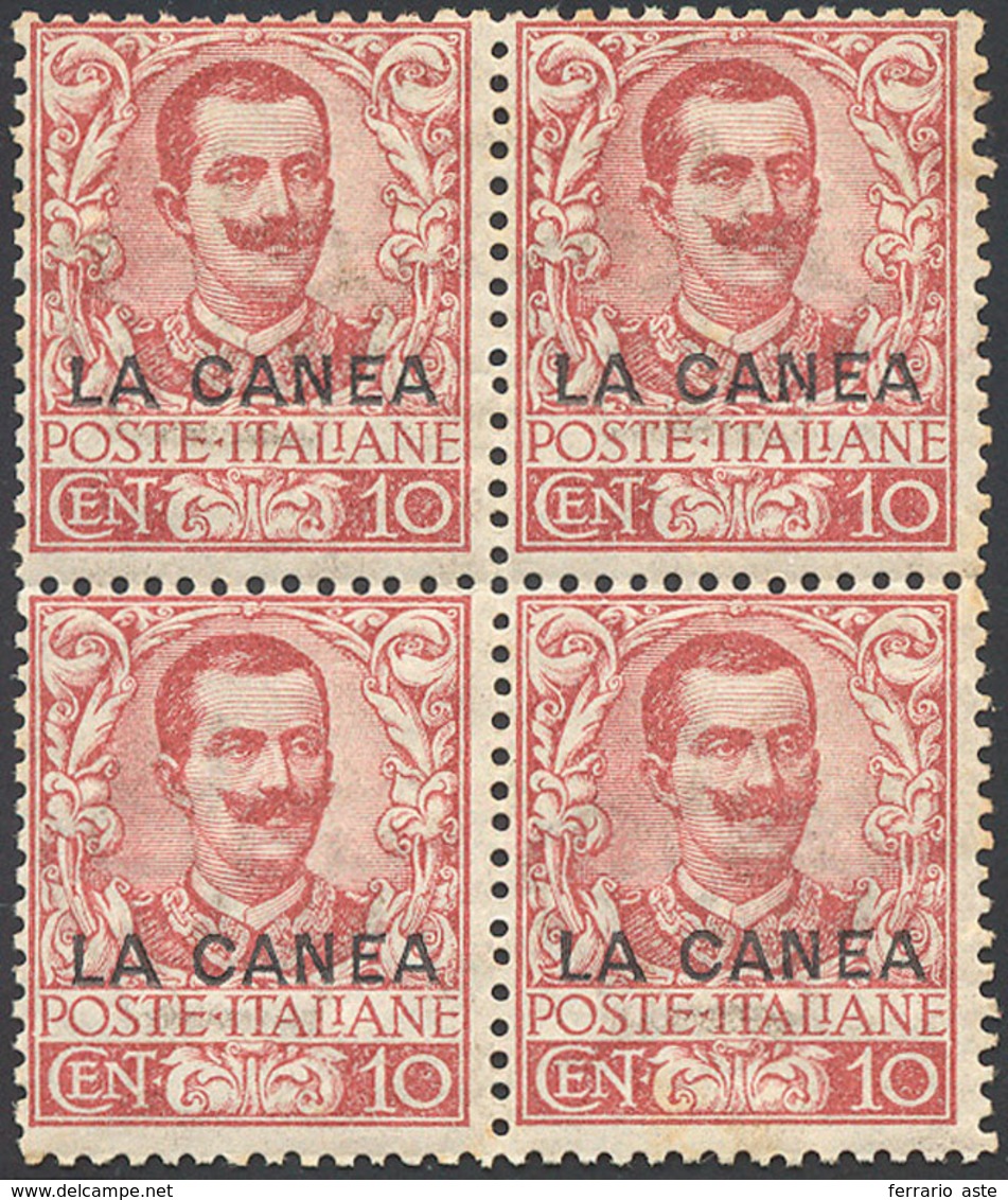 2343 LA CANEA 1905 - 10 Cent. Floreale, Soprastampato (6), Blocco Di Quattro, Gomma Originale Integra. Va... - Sonstige & Ohne Zuordnung