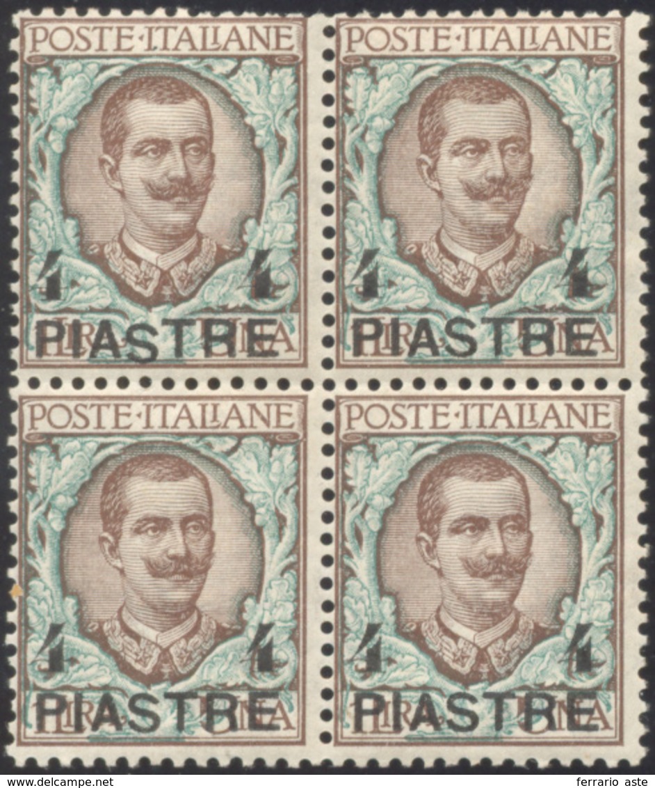 2362 COSTANTINOPOLI 1908 - 4 Pi. Su 1 Lira, III Emissione Locale, Blocco Di Quattro, Un Esemplare Con "s"... - Autres & Non Classés