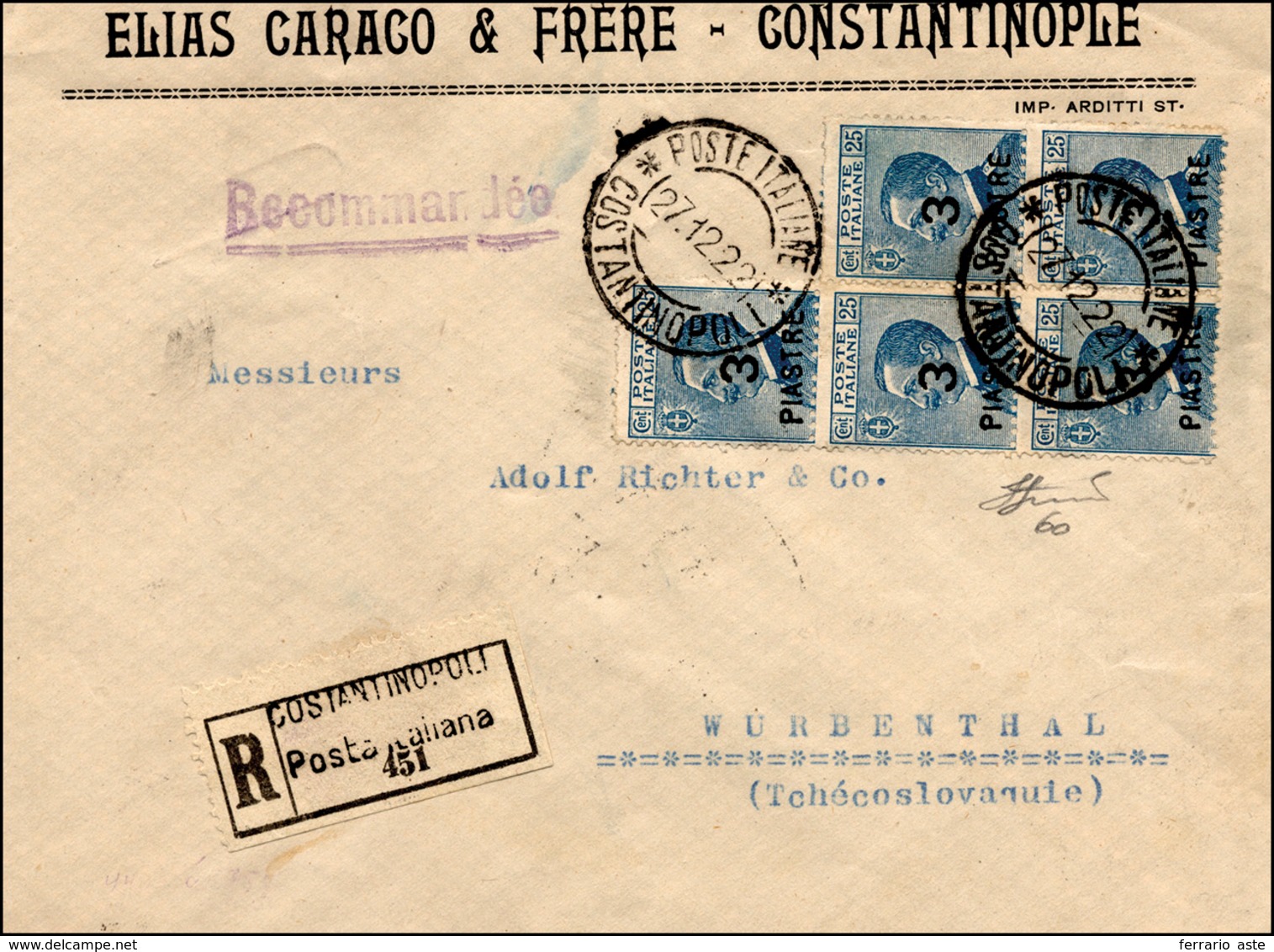 2370 COSTANTINOPOLI 1922 - 3 Pi. Su 25 Cent. Azzurro, VIII Emissione Locale (60), Blocco Di Cinque, Perfe... - Sonstige & Ohne Zuordnung