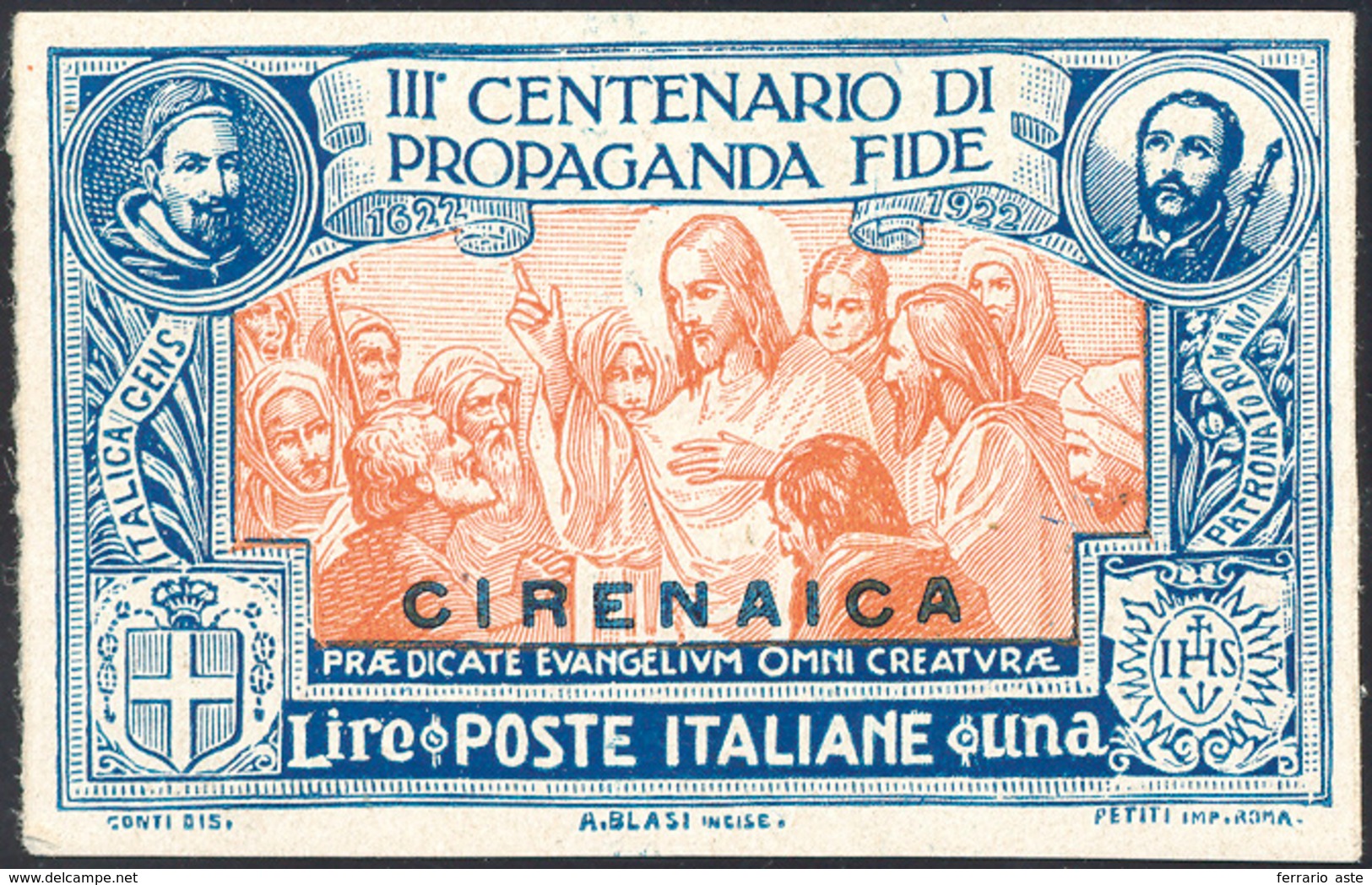 2409 1923 - 1 Lira Propaganda Fide, Prova Soprastampata Su Carta Gessata Patinata, Non Dentellata, Non Go... - Cirenaica