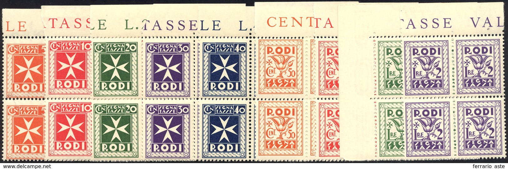 2435 SEGNATASSE 1934 - Soggetti Vari (1/9), Blocchi Di Quattro Bordo/angolo Di Foglio, Gomma Integra, Per... - Egée