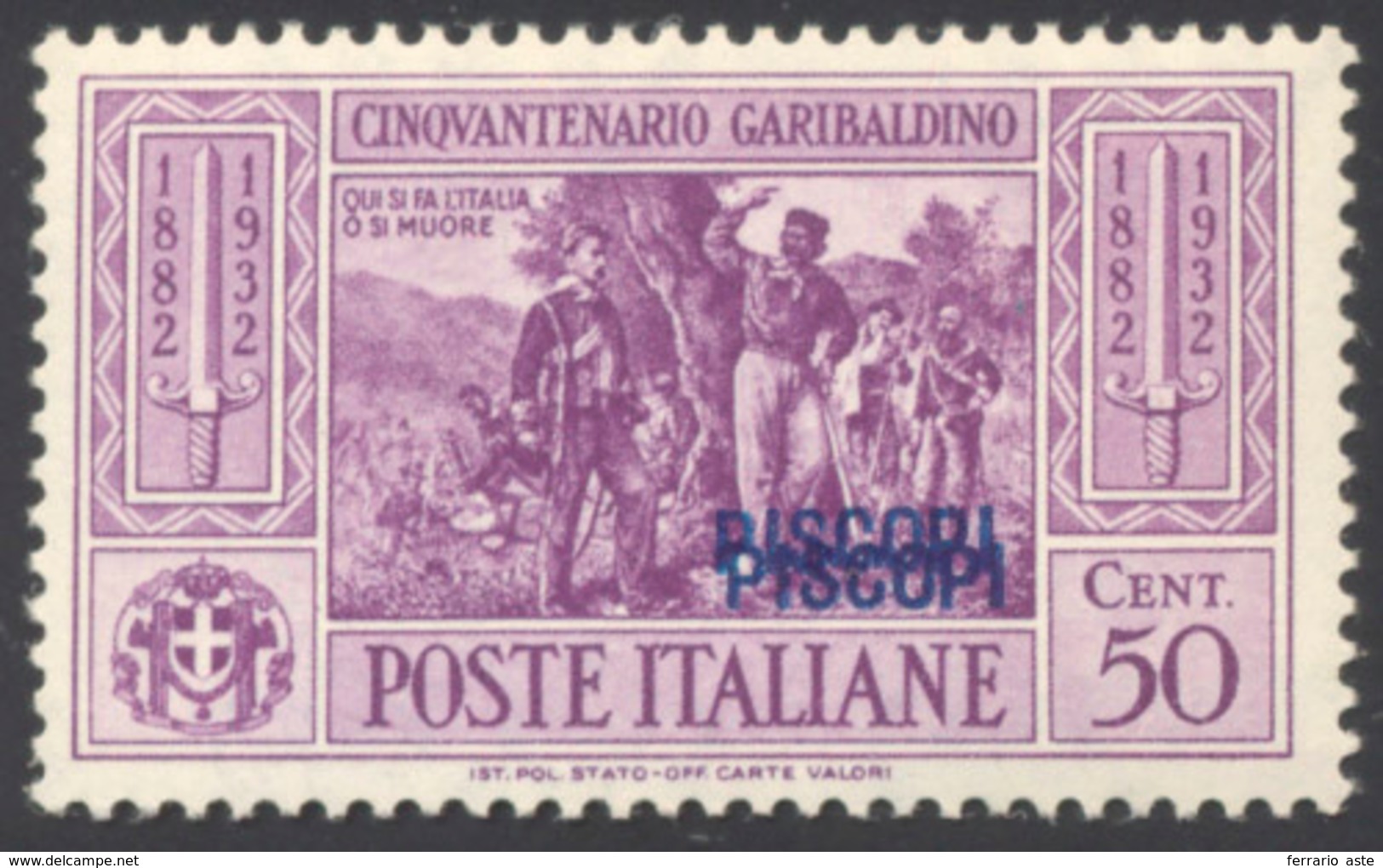 2438 PISCOPI 1932 - 50 Cent. Garibaldi Doppia Soprastampa (21a), Perfetto, Gomma Originale Integra. G.Bol... - Ägäis