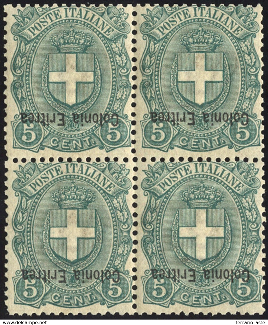 2440 1897 - 5 Cent., Soprastampa Capovolta (14b), Blocco Di Quattro, Gomma Integra, Perfetto. A.Diena, G.... - Erythrée