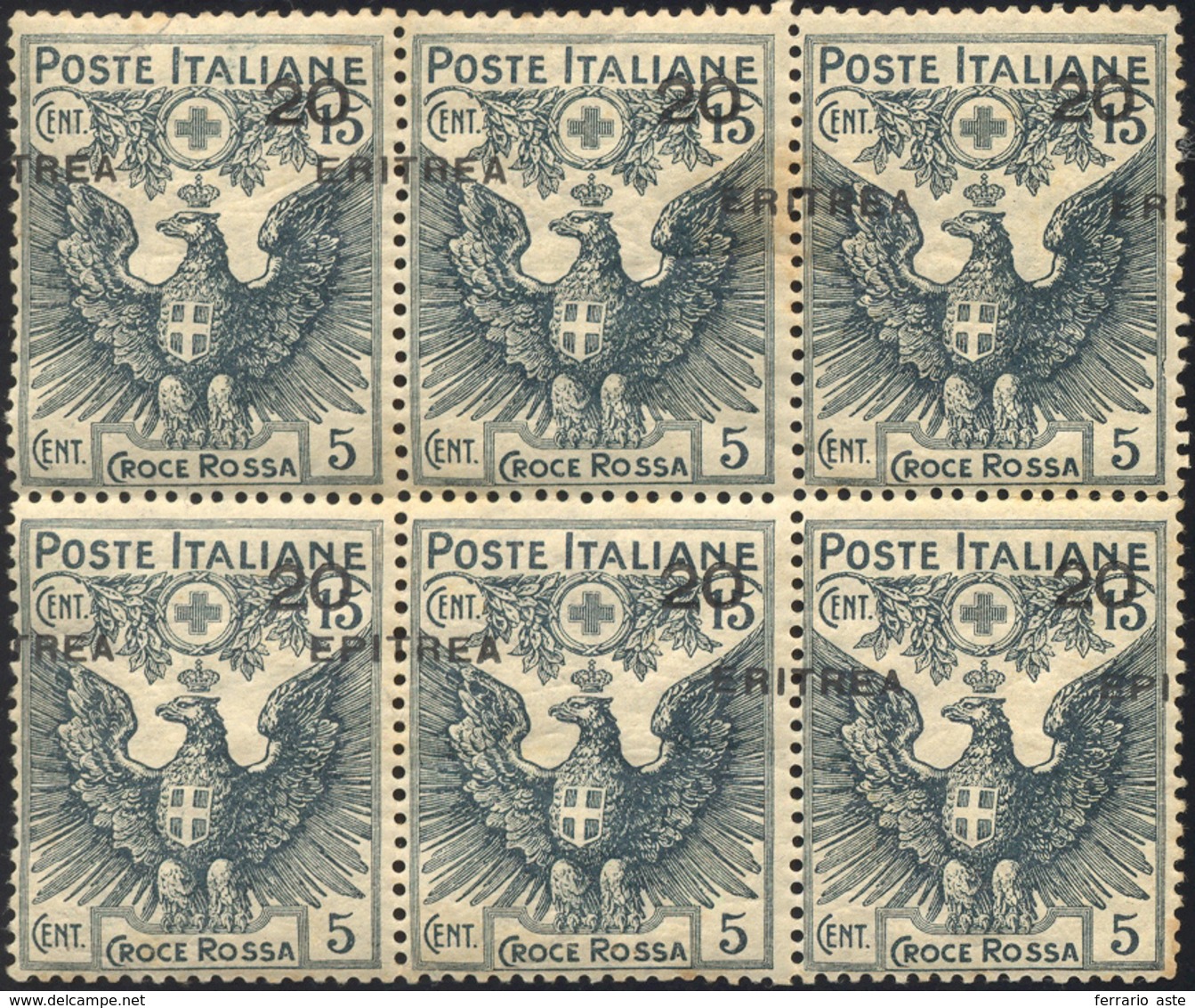 2445 1916 - 20 Su 15 + 5 Cent. Croce Rossa (43), Blocco Di Sei Con Soprastampa Fortemente Spostata In Sen... - Eritrea