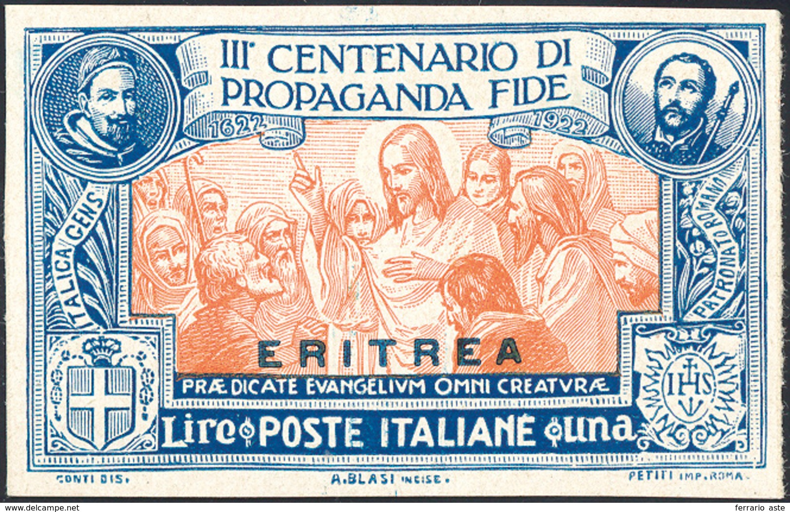 2446 1923 - 1 Lira Propaganda Fide, Prova Soprastampata Su Carta Gessata Patinata, Non Dentellata, Non Go... - Erythrée