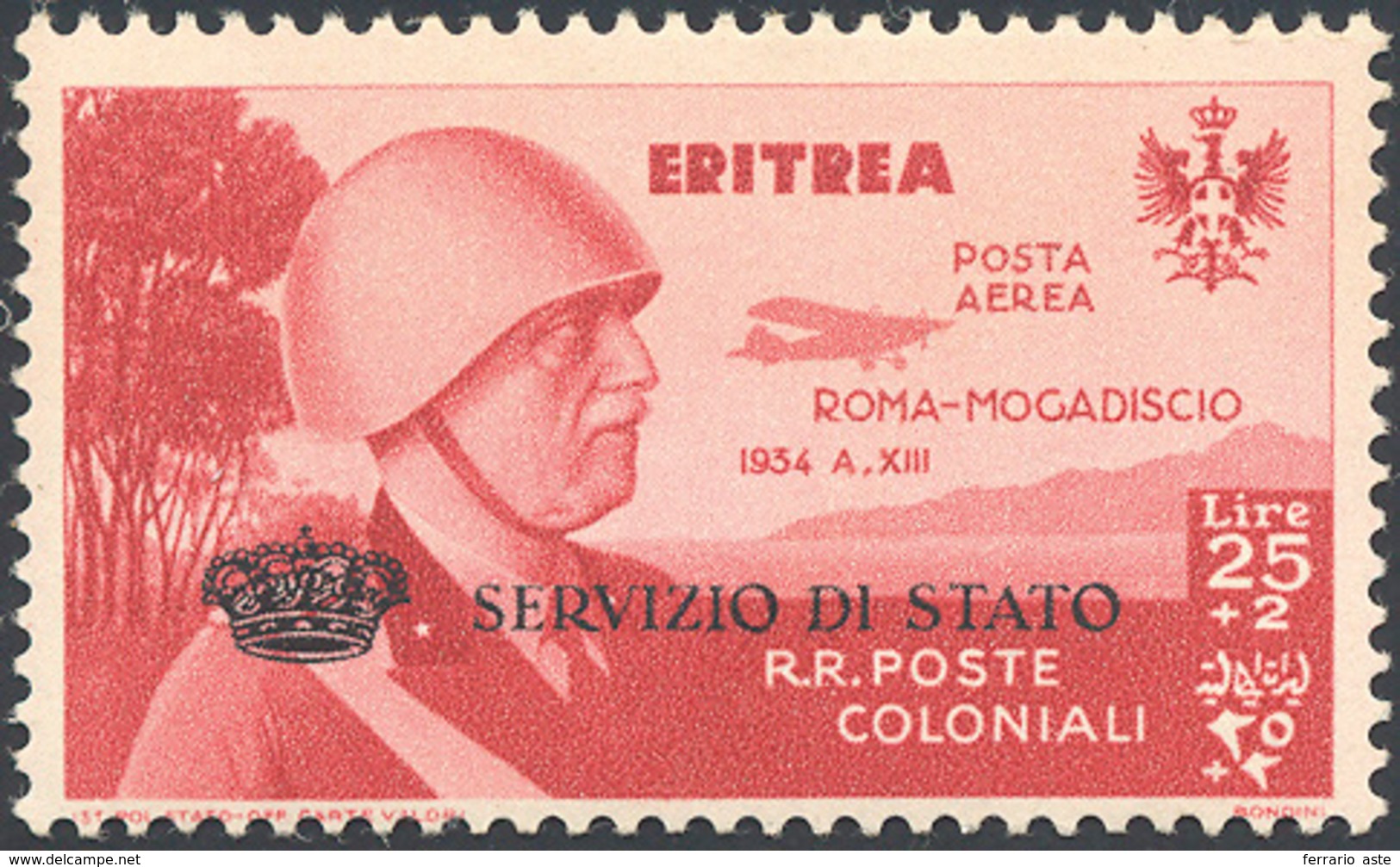 2457 SERVIZIO AEREO 1934 - 25 + 2 Lire Coroncina (1), Gomma Originale Integra, Perfetto. Cert. Colla.... - Eritrea
