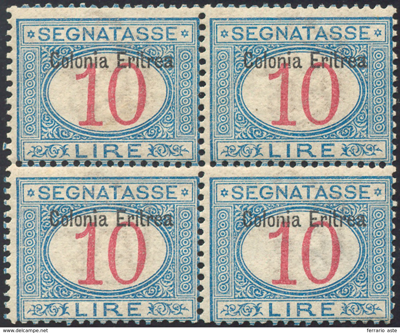 2463 SEGNATASSE 1903 - 10 Lire Soprastampa In Alto (11), Blocco Di Quattro, Gomma Originale Integra, Perf... - Erythrée