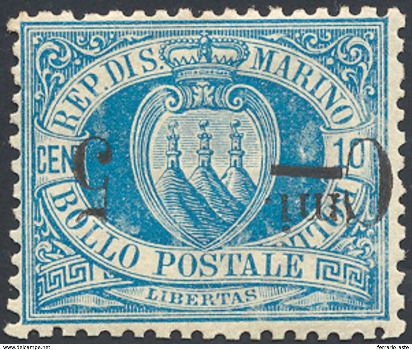 2613 1892 - 5 Cent. Su 10 Cent. Azzurro, Soprastampa Capovolta (8a), Ottima Centratura, Gomma Originale I... - Autres & Non Classés