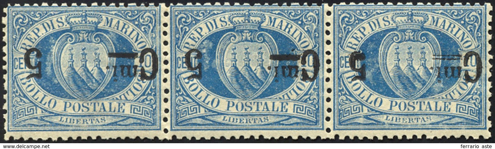 2614 1892 - 5 Cent. Su 10 Cent. Azzurro, Soprastampa Capovolta (8a), Striscia Di Tre Con Un Esemplare Con... - Autres & Non Classés