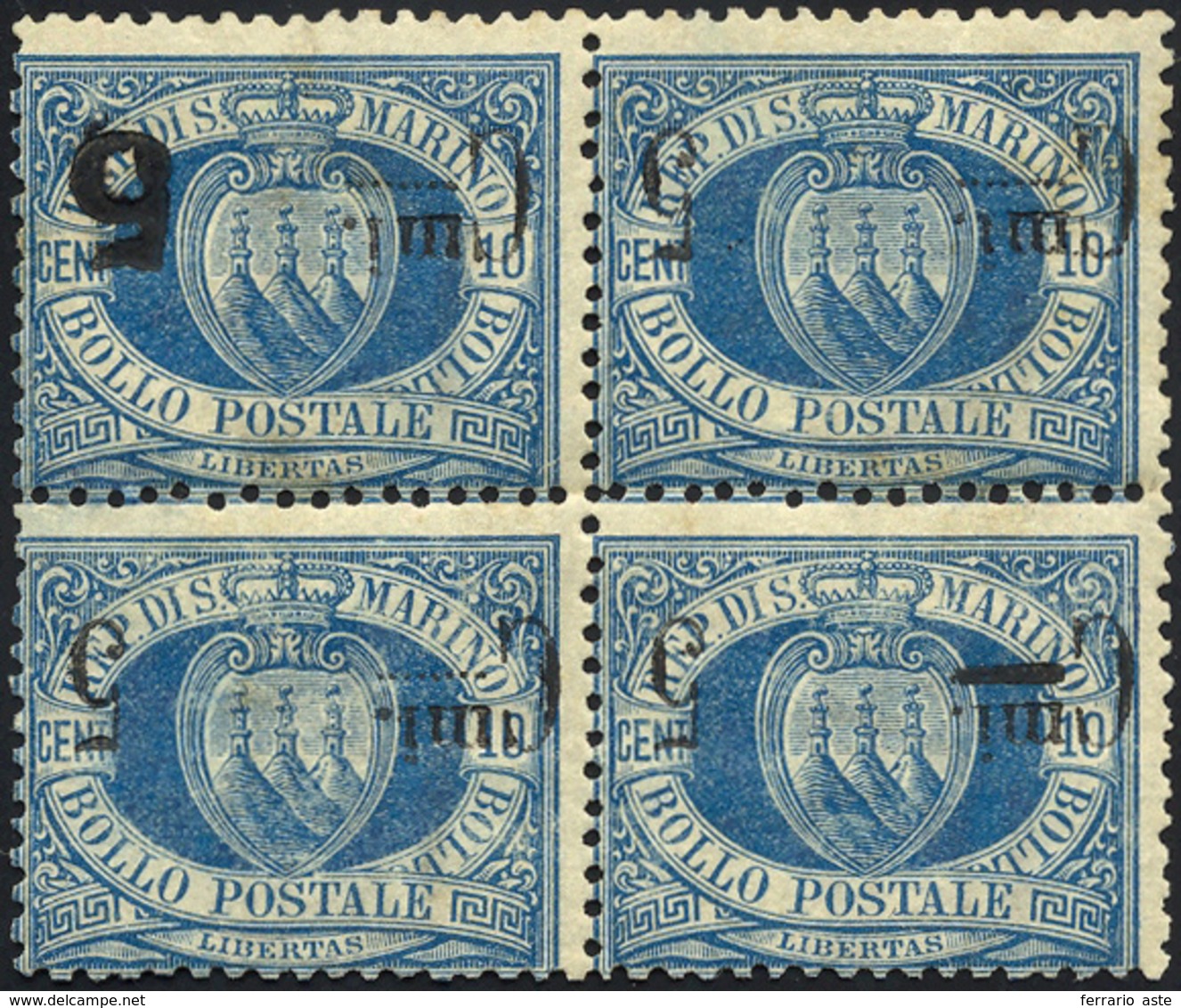 2616 1892 - 5 Cent. Su 10 Cent. Azzurro, Soprastampa Capovolta (8a,8a/v,8a/x), Blocco Di Quattro Pos. 3/4... - Autres & Non Classés