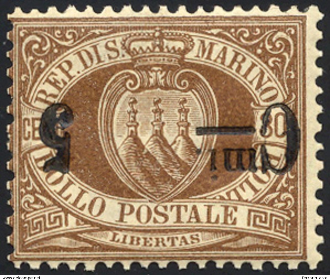 2618 1892 - 5 Cent. Su 30 Cent. Bruno, Soprastampa Capovolta (9a), Gomma Integra, Perfetto. Presenta Deca... - Sonstige & Ohne Zuordnung