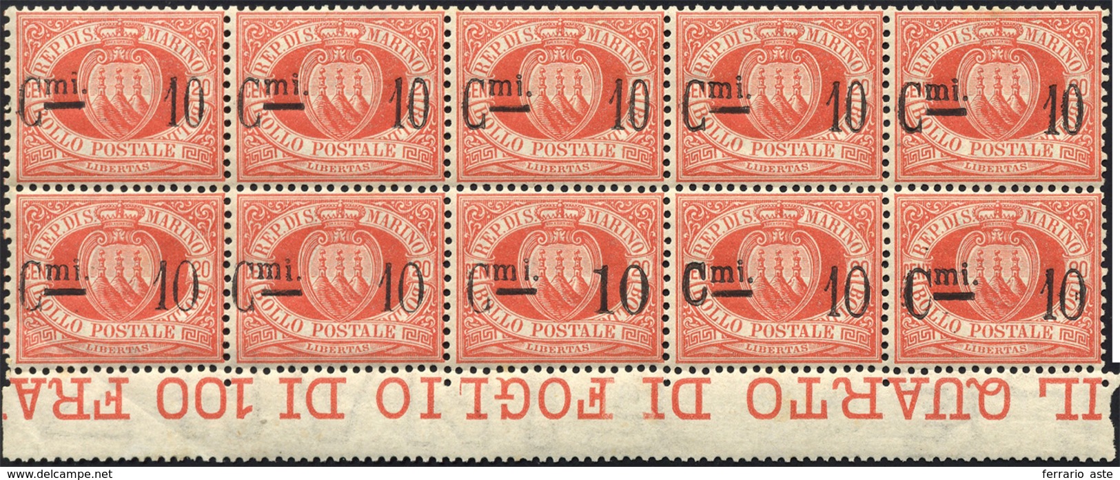 2622 1892 - 10 Cent. Su 20 Cent. Rosso Soprastampato (10), Blocco Di Dieci, Pos. 41/50, Contenente Cinque... - Sonstige & Ohne Zuordnung