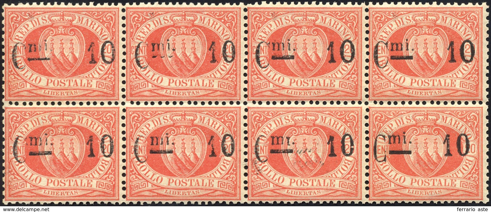 2623 1892 - 10 Cent. Su 20 Cent. Rosso Soprastampato (10), Blocco Di Otto, Pos. 11/14 E 16/19, Con Variet... - Sonstige & Ohne Zuordnung