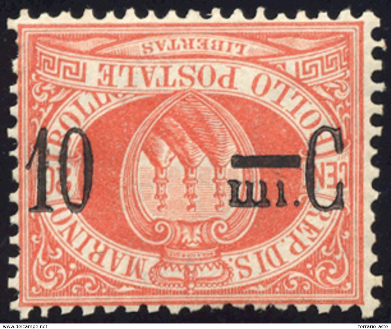 2625 1892 - 10 Cent. Su 20 Cent. Rosso, SOPRASTAMPA MODIFICATA, Non Emesso (10B), Gomma Orginale Integra,... - Sonstige & Ohne Zuordnung