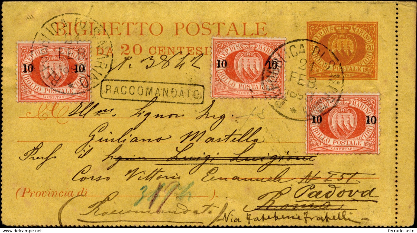 2627 1893 - 10 Cent. Su 20 Cent. Rosso Soprastampato (11), Tre Esemplari, Perfetti Ad Integrazione Di Un ... - Autres & Non Classés