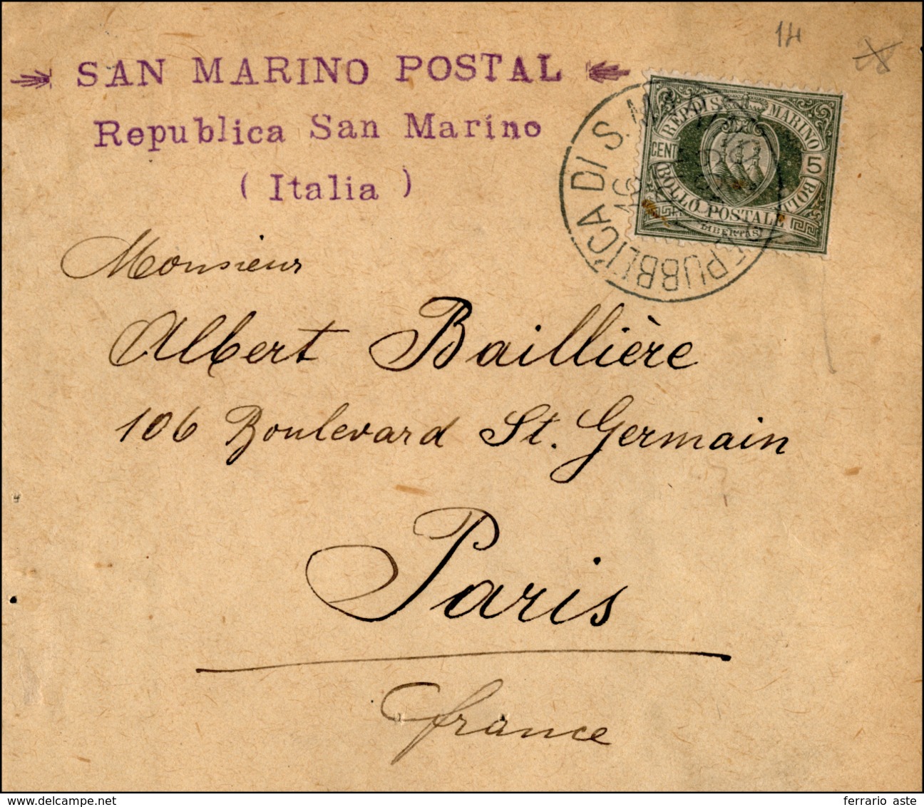 2631 1899 - 5 Cent. Verde Olivastro Stemma (13), Perfetto, Isolato Su Fascetta Del 16/4/1899 Per Parigi, ... - Autres & Non Classés