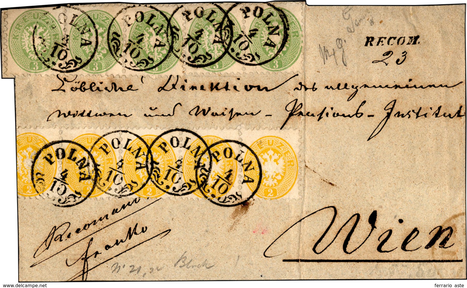 2775 AUSTRIA 1863 - 2 Kr. Giallo Striscia Di Cinque, 3 K. Verde Striscia Di Tre E Coppia, Dent. 9 1/2 (27... - Sonstige - Europa