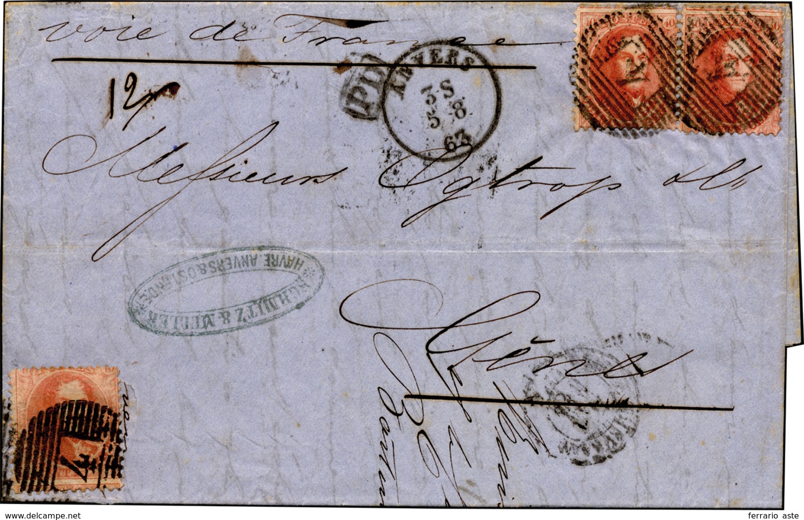 2788 BELGIO 1863 - 5 August 1863, Double-rate Letter (12 Grams) From Antwerp To Genoa, Prepaid 1.20 Belgi... - Sonstige - Europa