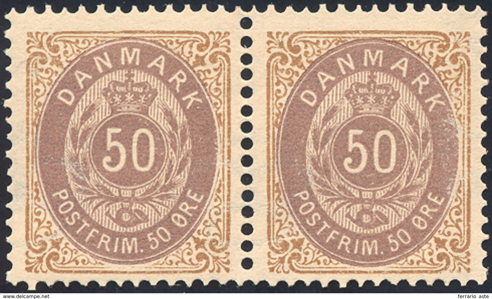 2795 DANIMARCA 1875/79 - 50 O. Bistro E Viola, Dent. 14 X 13 1/2 (28Aa), Coppia Nuova, Gomma Originale In... - Autres - Europe