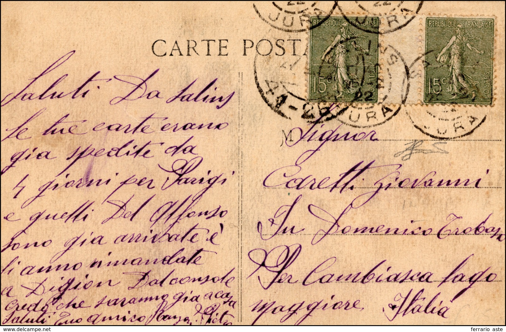 2815 FRANCIA 1922 - 15 Cent. Seminatrice (130), Coppia Orizzontale Con Interspazio Di Gruppo, Perfetta, S... - Sonstige - Europa