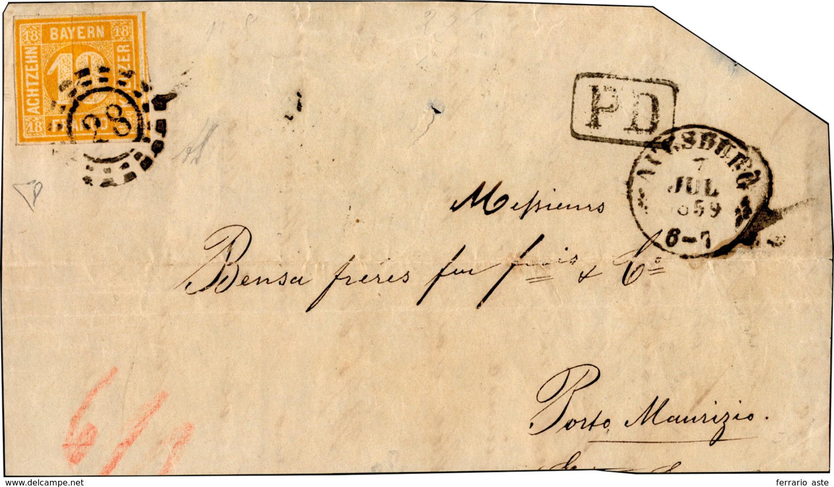 2822 GERMANIA BAVIERA - 18 K. Ocra (8), Perfetto, Su Frontespizio Di Lettera Da Augsburg 7/7/1859 A Porto... - Sonstige - Europa