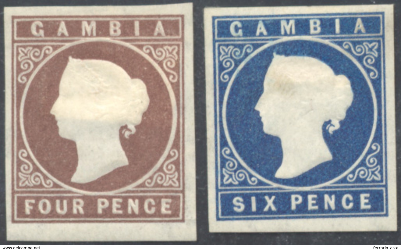 2996 BRITISH COLONIES-GAMBIA 1874 - 4 D. Brown And 6 D. Blue (S.G. 5,7 £ 700), Originale Gum, Hinged, Per... - Sonstige & Ohne Zuordnung