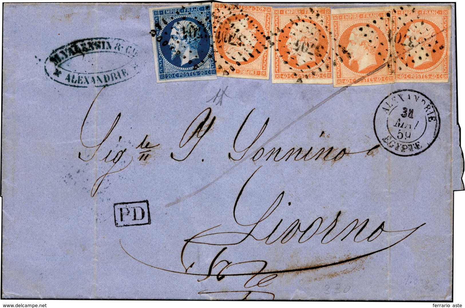 3001 EGITTO 1859 - 31 May 1859 - Double-rate Letter From Alexandria To Leghorn, Prepaid 1.80 Francs To De... - Autres & Non Classés