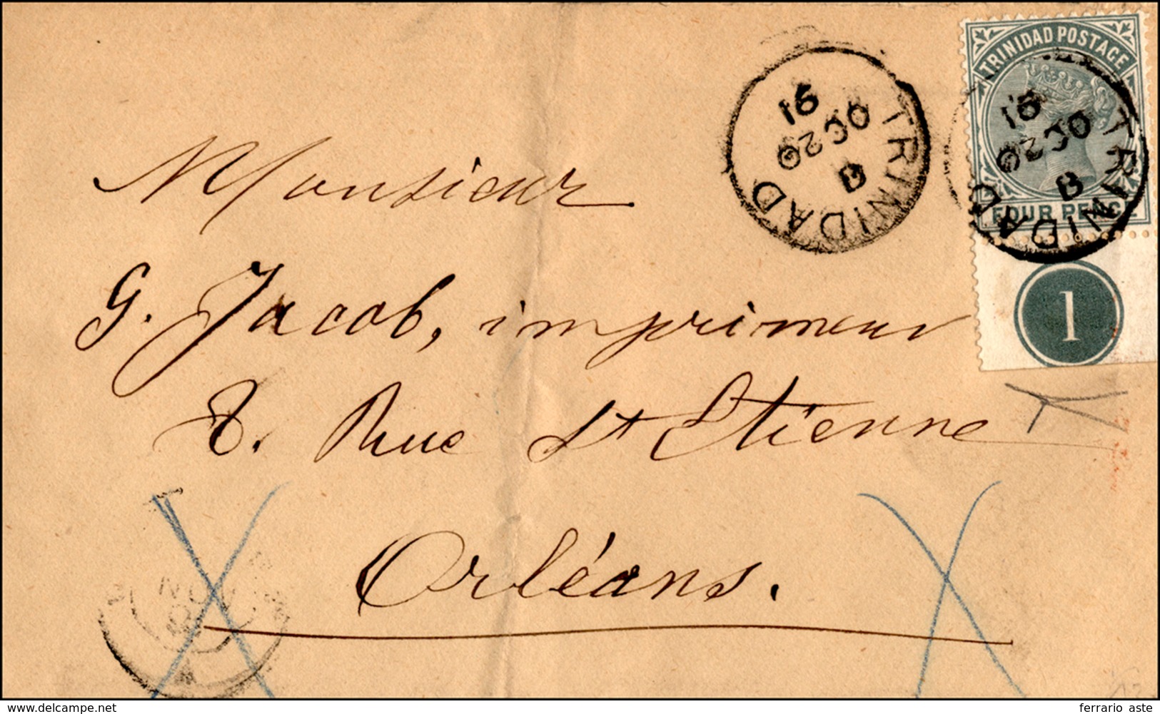 3007 TRINIDAD E TOBAGO 1891 - Envelope From Trinidad October 20, 1891 To Orleans (France), Franked With 4... - Autres & Non Classés