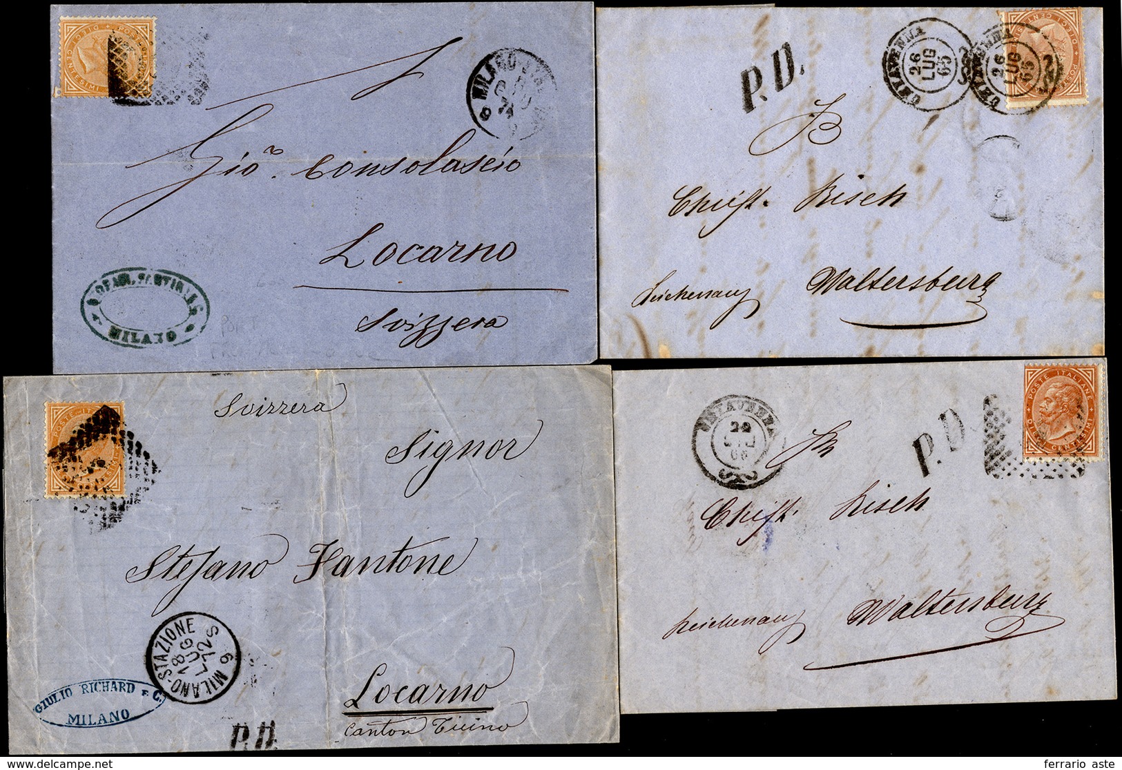 3069 REGNO D'ITALIA 1865/1872 - Quattro Sovracoperte Di Lettera, Tutte Affrancate Con 10 Cent. De La Rue ... - Autres & Non Classés