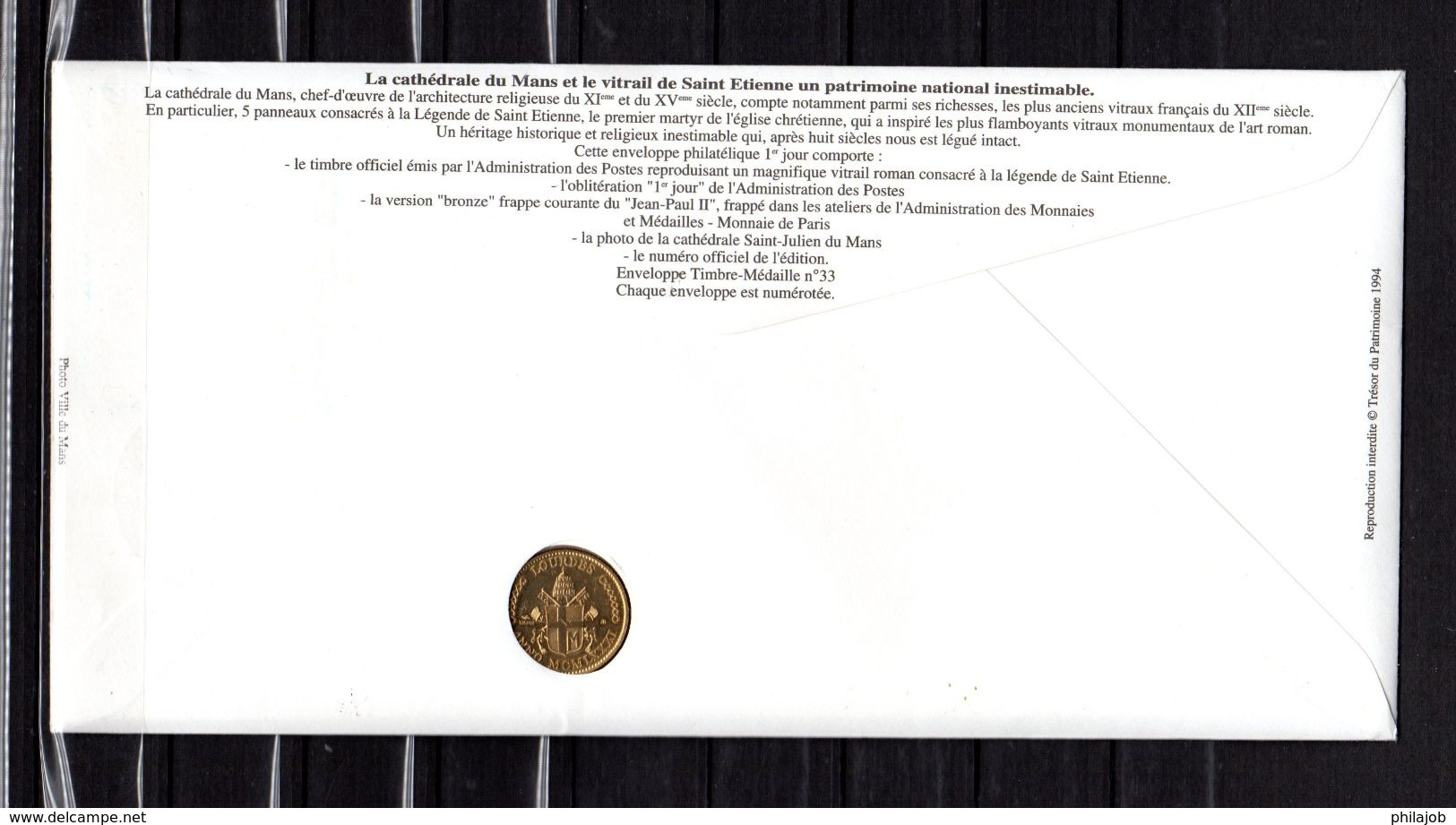 " VITRAIL DE LA CATHEDRALE DU MANS " Sur Enveloppe Philatélique Numismatique 1er Jour N°tée De 1994 : N° YT 2859 - Glas & Fenster