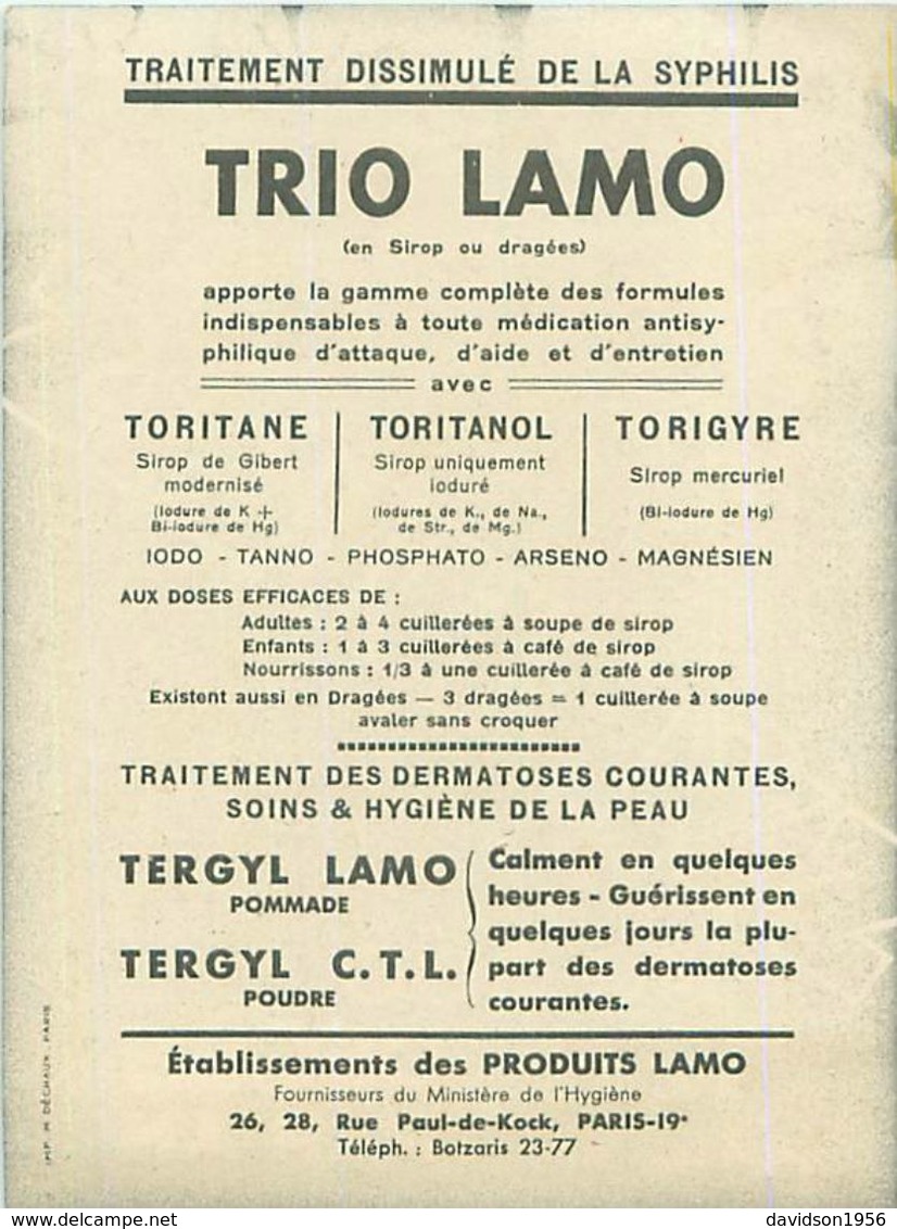 Publicité -     Syphilis -  Trio Lamo  ,Etablissement Des Produits LAMO - Publicité