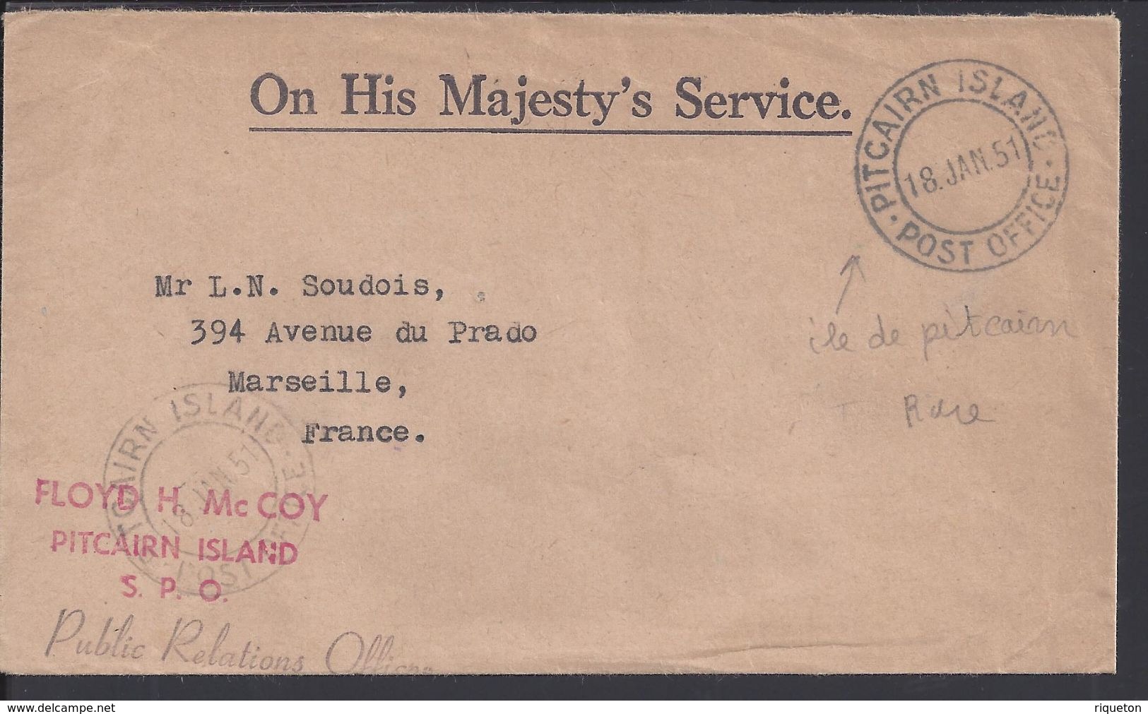 Pitcairn - 1951  "On His Majesty's Service" Enveloppe Public Relations Officielles De Pitcairn Island Pour Marseille - - Pitcairn Islands