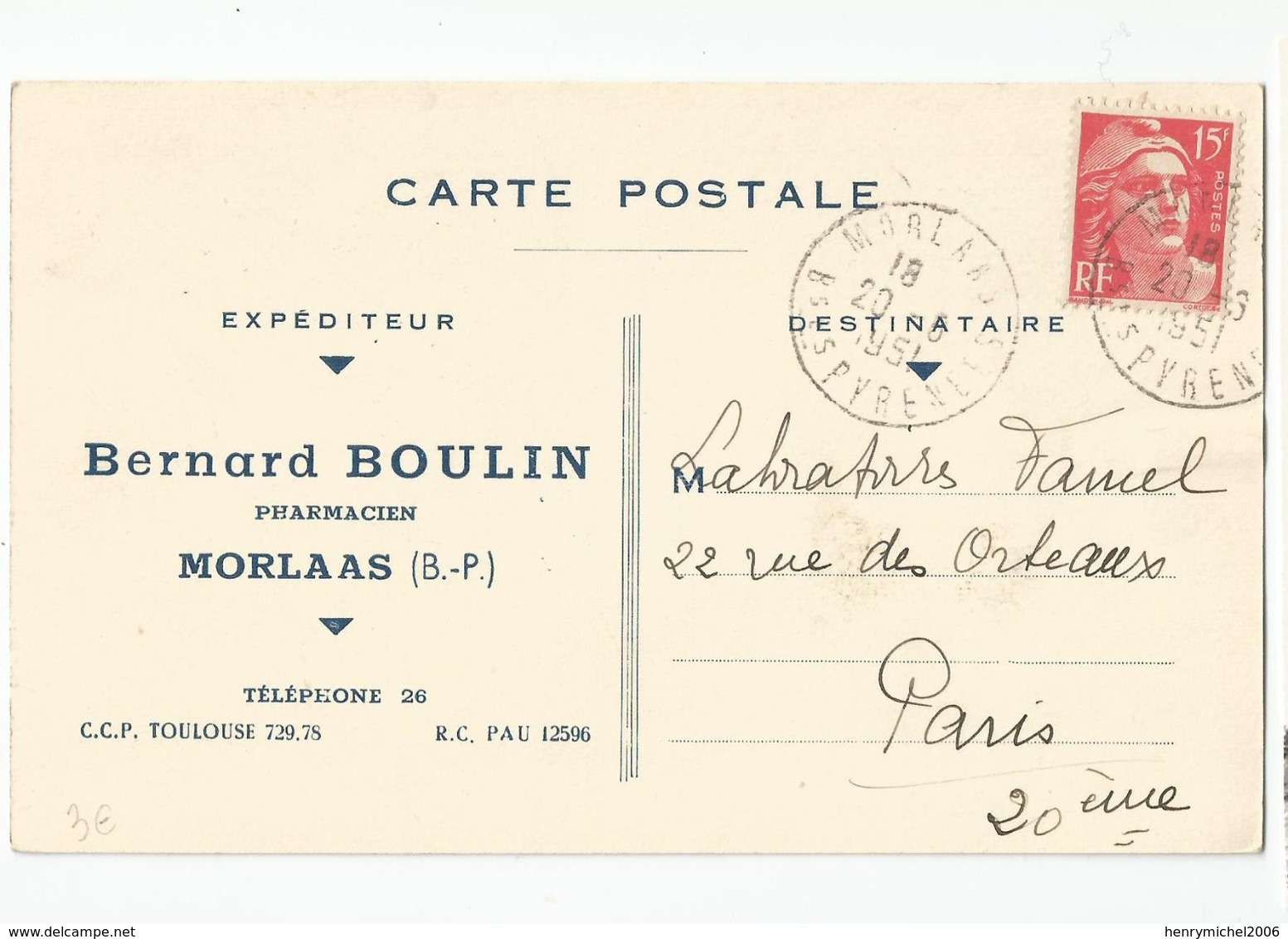 64 - Morlaas Carte De Bernard Boulin Pharmacien 1951 Pour Laboratoires Famel Paris 20e - Morlaas