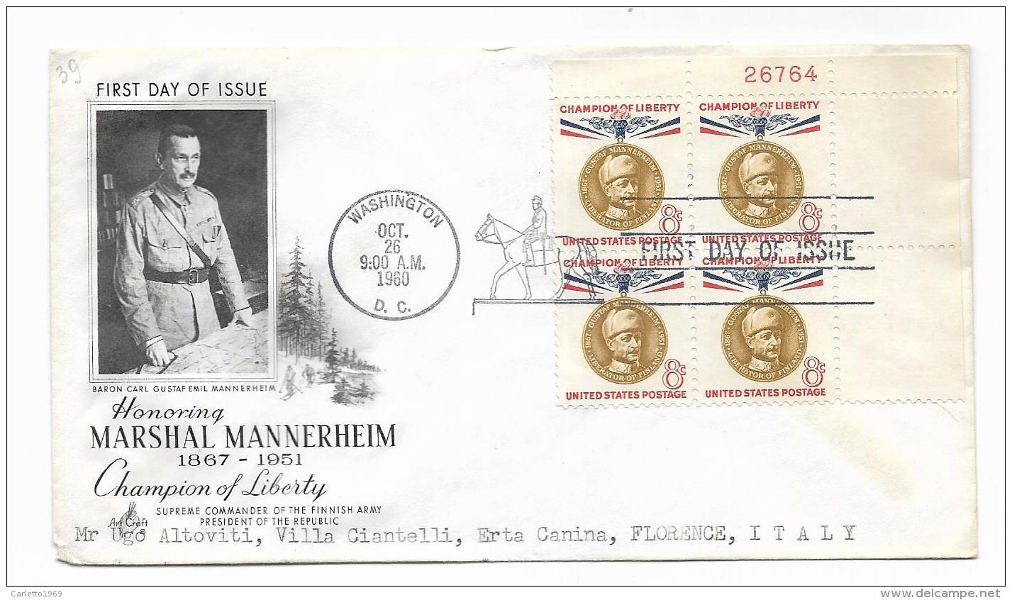 FIRST DAY OF ISSUE 8 CENT. HONORING MARSHALL MANNERHEIM 1960 - Autres & Non Classés