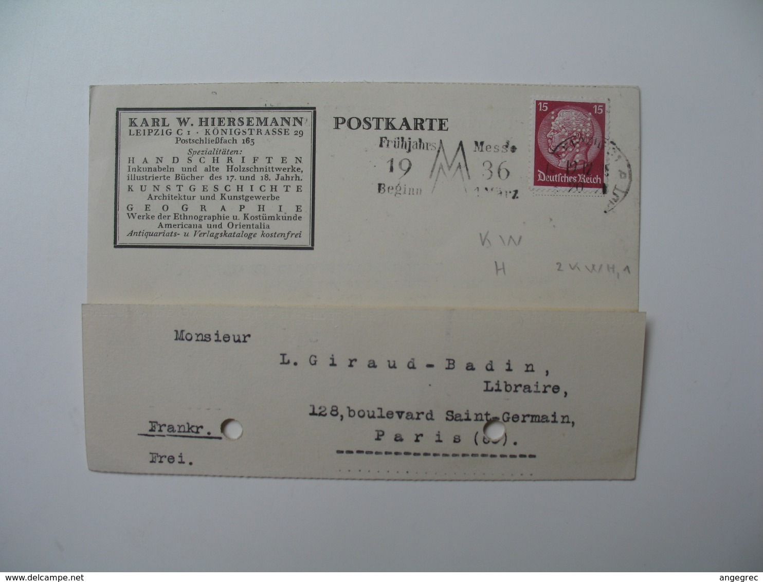 Lettre Perforé  Perfin     KWH  Karl W. Hiersemann    Allemagne  1935 - Briefe U. Dokumente