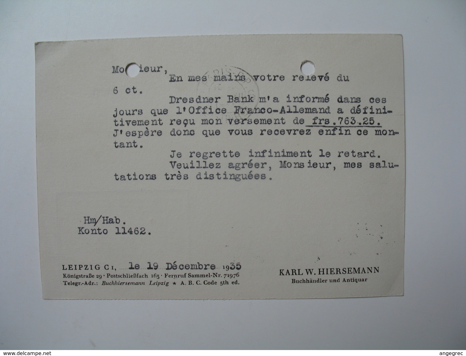 Lettre Perforé  Perfin     KWH  Karl W. Hiersemann    Allemagne  1935 - Briefe U. Dokumente