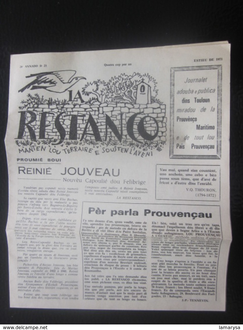 RESTANCO Journalet Adouba E Publica Dins Touloun Revue Toulon Provençal Culture Régionalisme Religion Provence Maritime - Provence - Alpes-du-Sud