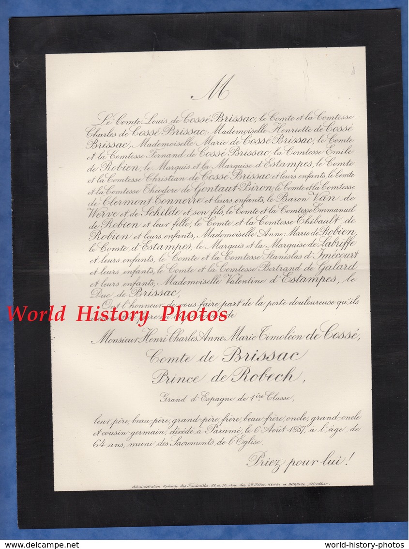 Document De 1887 - PARAMé - Henri Charles Anne Marie Timoléon De COSSé Comte De BRISSAC Prince De ROBECH - Historical Documents