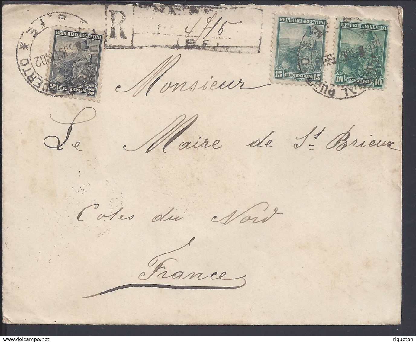 ARGENTINE - 1902 - Affr. à 27 Centavos Sur Enveloppe Recommandée D'Argentine Vers Saint Brieuc (Fr) B/TB - - Lettres & Documents
