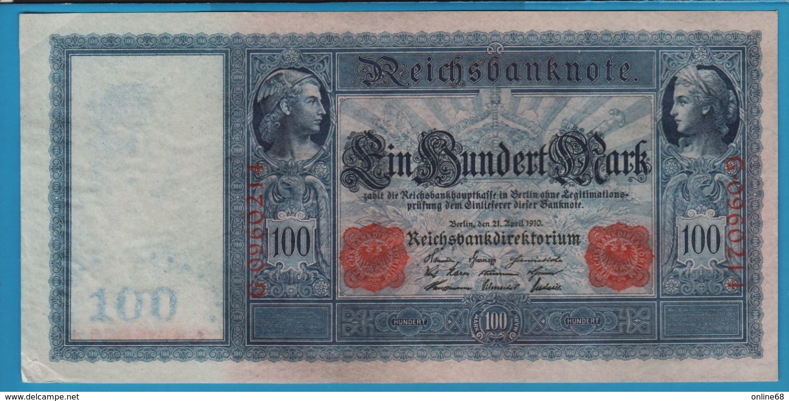 DEUTSCHES REICH 100 MARK 	21.04.1910 Serial# G.0960214  P# 42 White Paper Flottenhunderter - 100 Mark