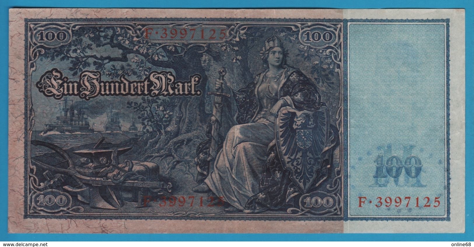 DEUTSCHES REICH 100 MARK 	21.04.1910 Serial# F.3997125 P# 42 Blueisch Paper Flottenhunderter - 100 Mark