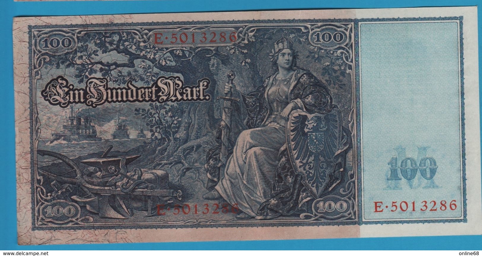 DEUTSCHES REICH 100 MARK 	21.04.1910 Serial# E.5013286 P# 42 Blueisch Paper Flottenhunderter - 100 Mark