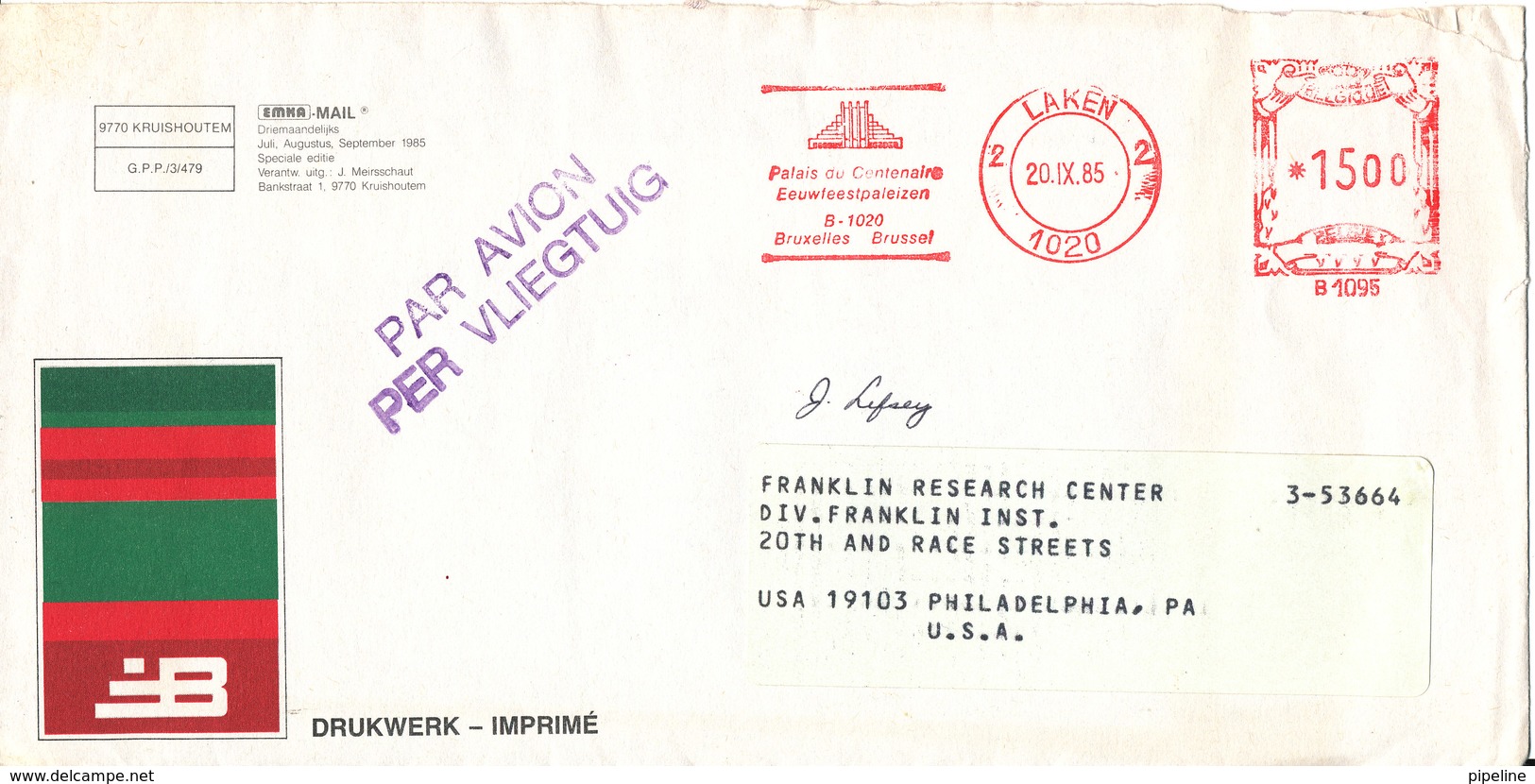 Belgium Cover With Meter Cancel Laken 20-9-1985 Sent Air Mail To USA - Covers & Documents