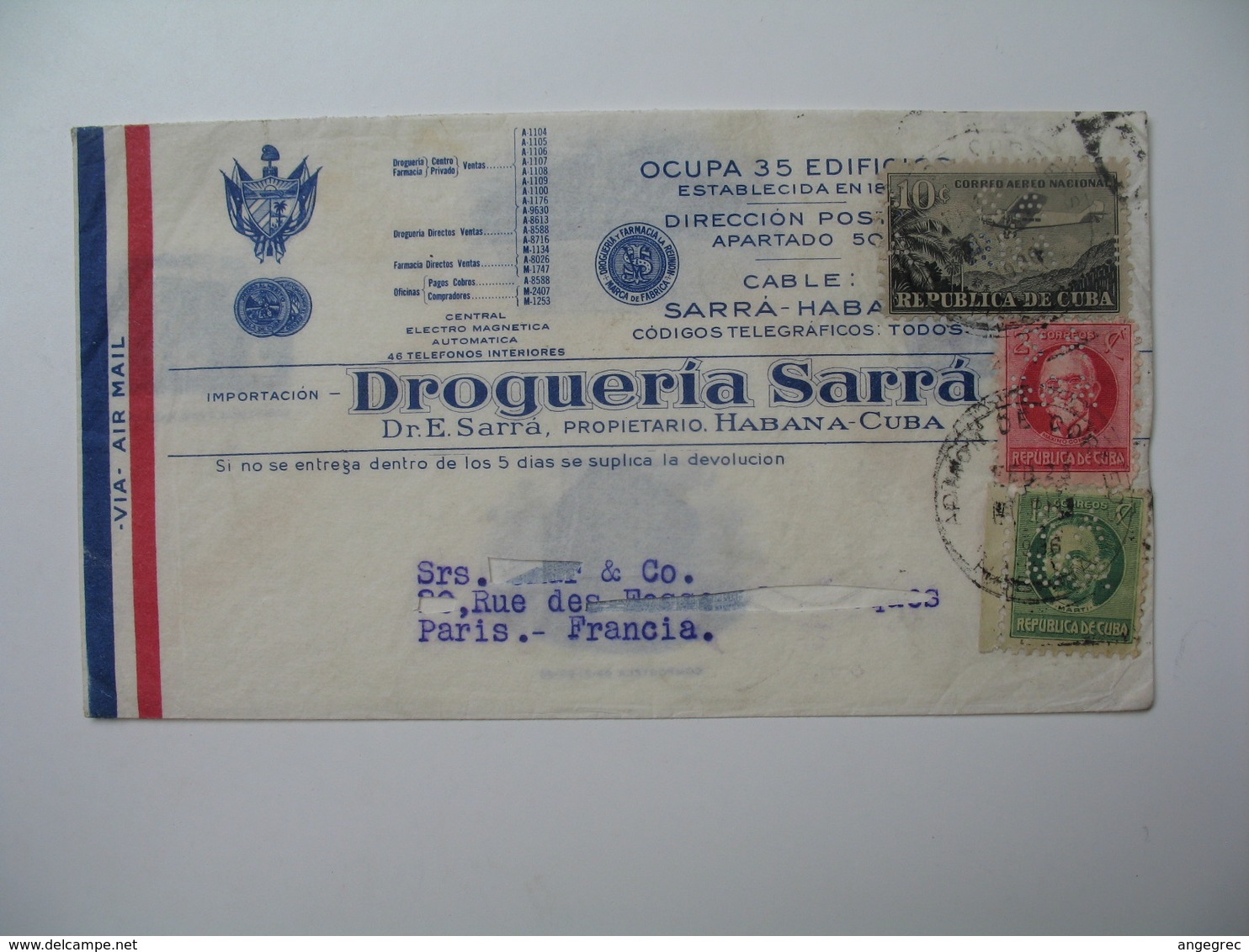 Lettre Perforé    Perfin   SA RRA  Cable Sarra - Habana  Drogueria Sarra    Havana Cuba  1936 - Cartas & Documentos