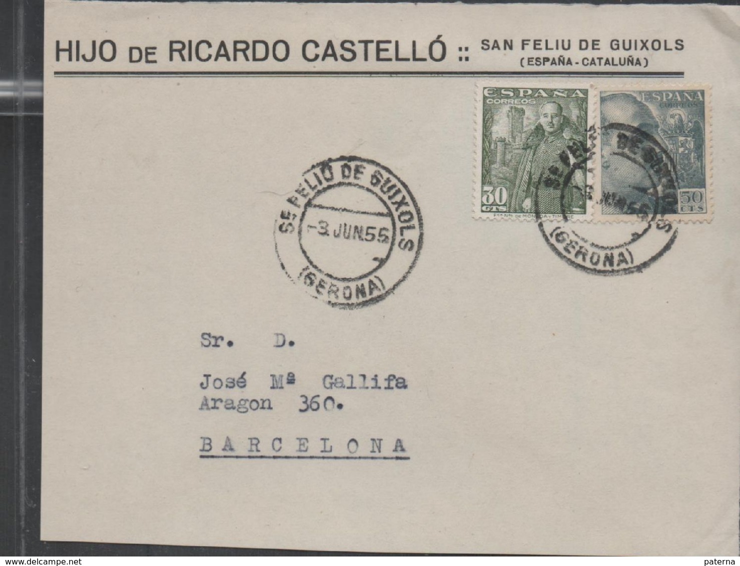 3268  Frontal De Carta San Feliu De Guixols 1955 , Gerona , Girona - Covers & Documents