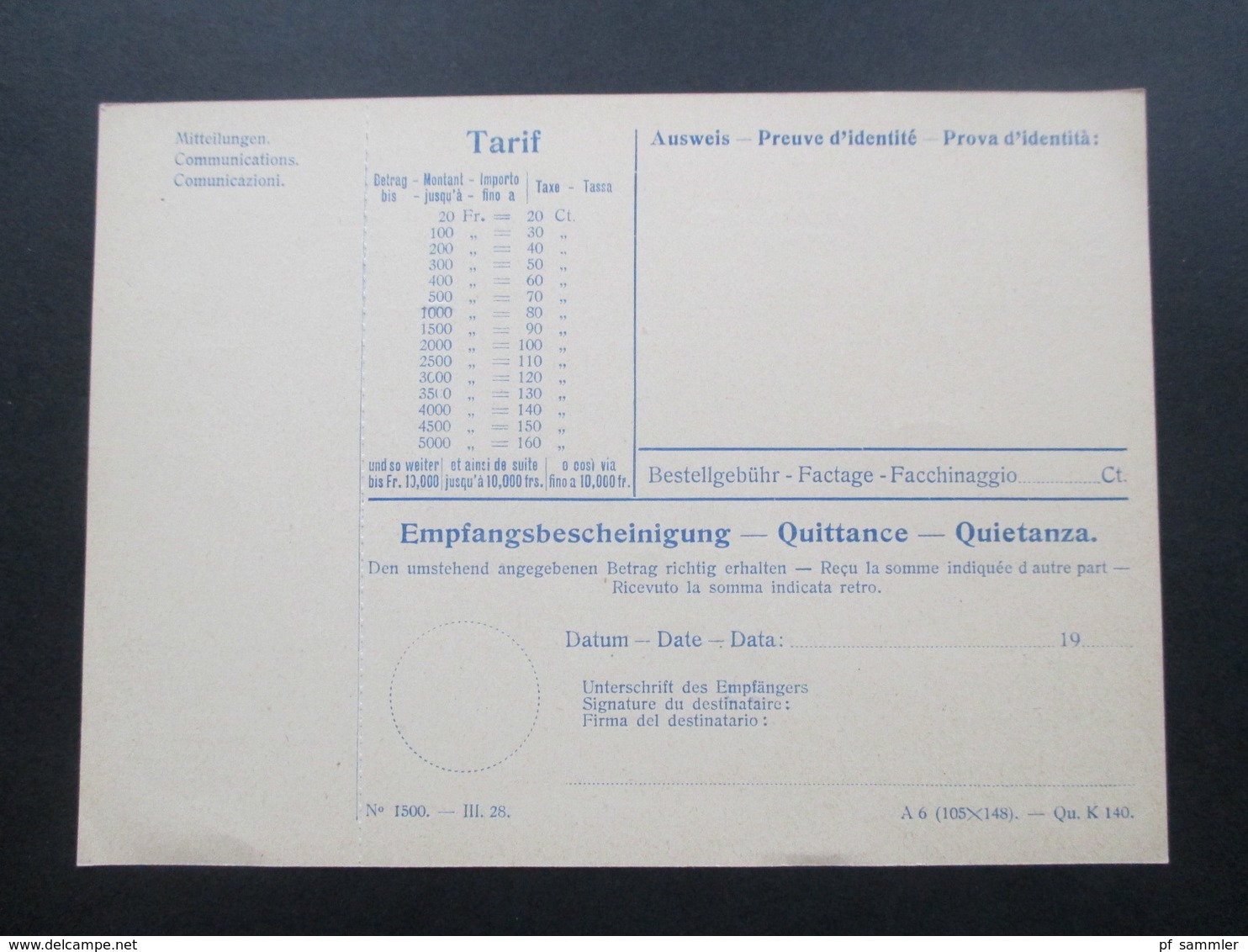 Schweiz Postanweisung Für Das Inland. Mandat De Poste Interne. Mit Abschnitt / Coupon. Ungebraucht. - Cartas & Documentos