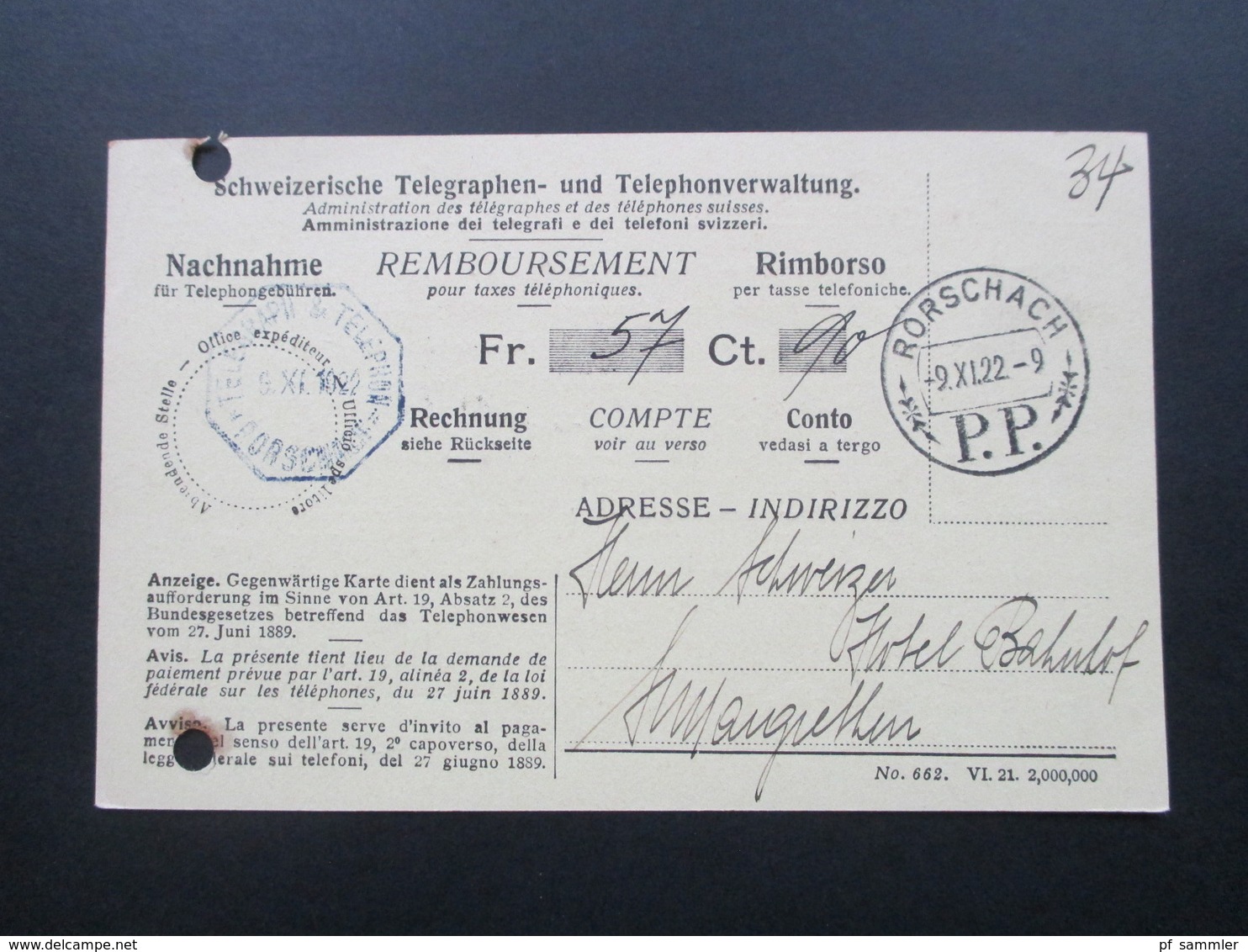 Schweizerische Telegrapgen Und Telephonverwaltung. Nachnahme / Remboursement. Rorschach PP. Ferngespräche! 1922 - Cartas & Documentos