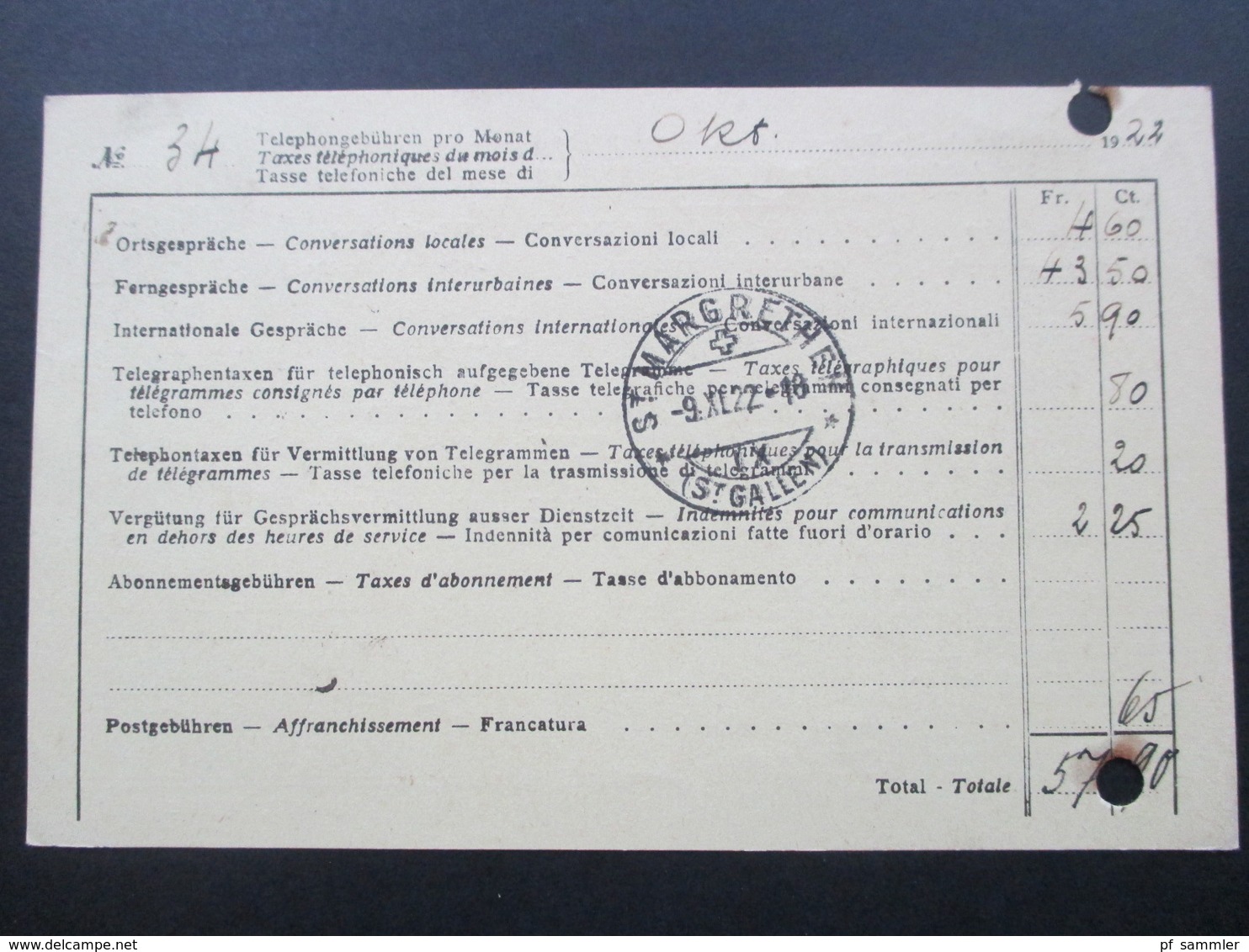 Schweizerische Telegrapgen Und Telephonverwaltung. Nachnahme / Remboursement. Rorschach PP. Ferngespräche! 1922 - Briefe U. Dokumente