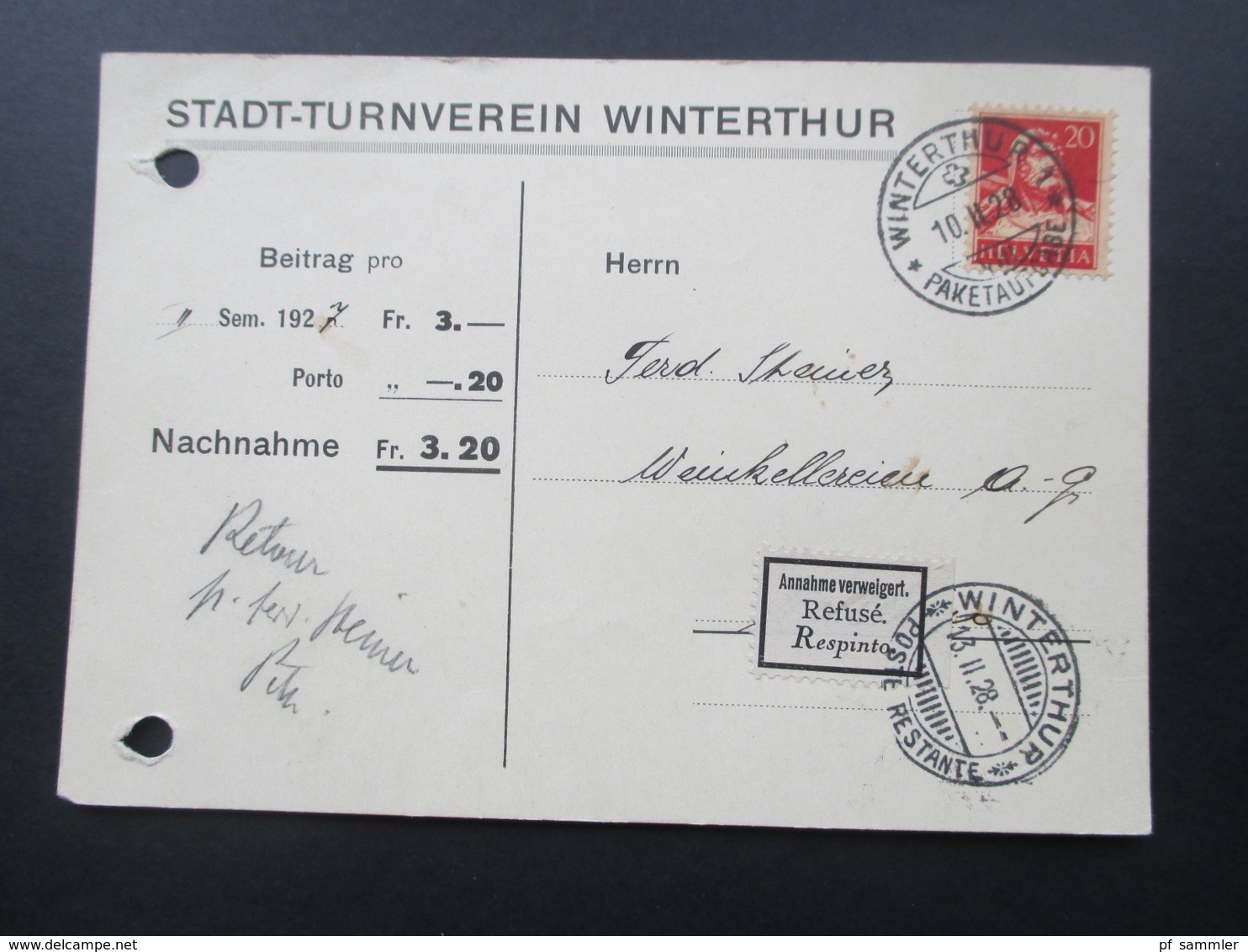 Schweiz 1928 PK Stadt Turnverein Winterthur. Nachnahme. Klebezettel Annahme Verweigert Refuse Respinto. Poste Restante - Briefe U. Dokumente